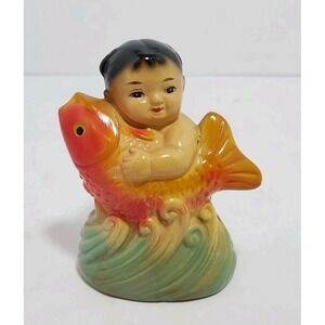 Vintage Asian Chinese Baby on Fish Ceramic Hand-Painted Figure Pencil Sharpener‎